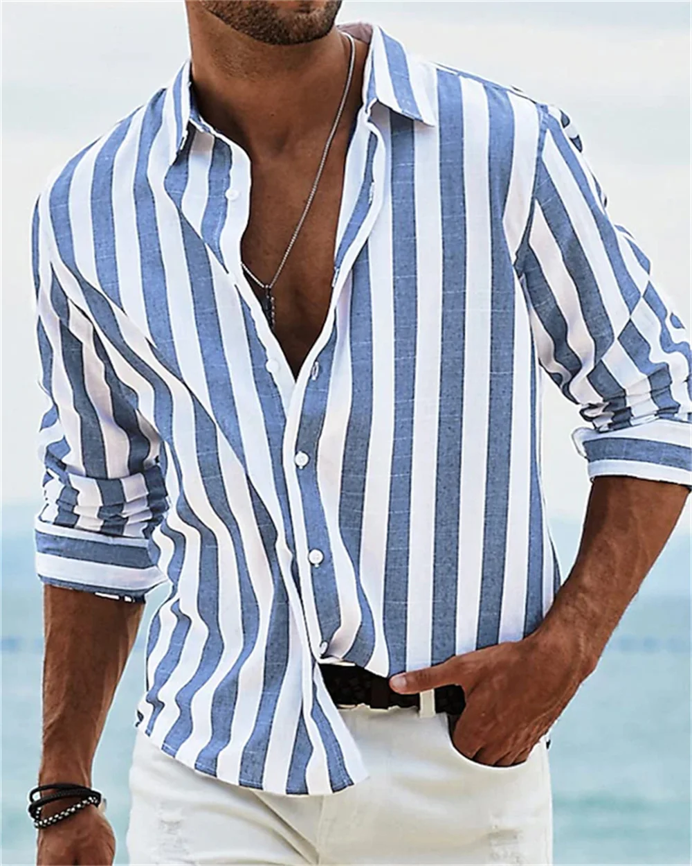 Men's retro long sleeved lapel single breasted striped printed shirt, comfortable and soft club men's top, plus size S-6XL