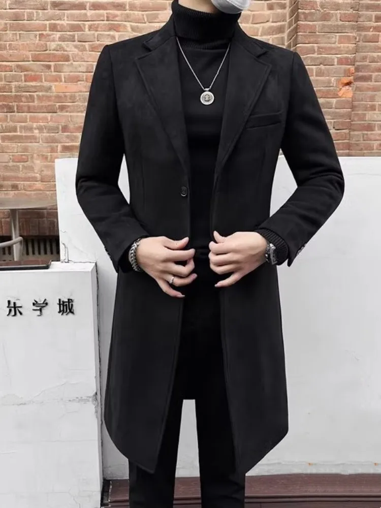 Winter Men Business Casual Slim Fit Padded Long Coat Warm Windbreakers Overcoat Single Breasted Fashion Office Mens Suede Trench