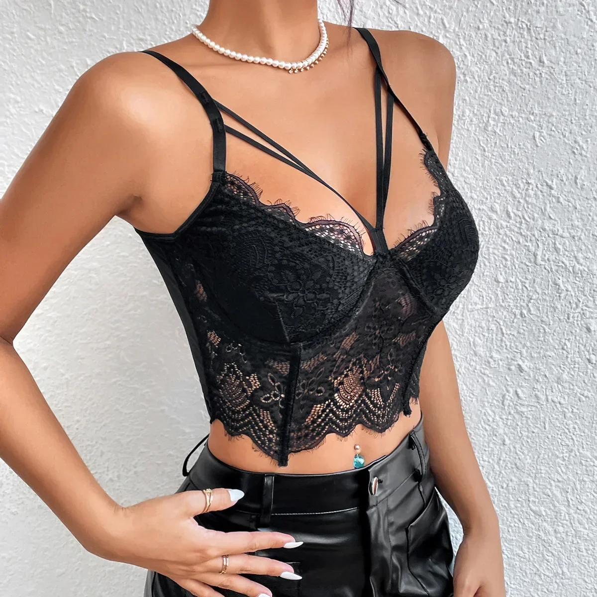 Lace Hollowing Mesh See Through Sleeveless Crop Top,Nightclub Style Sexy Embroidery Floral Halter Camisole Vneck Corset