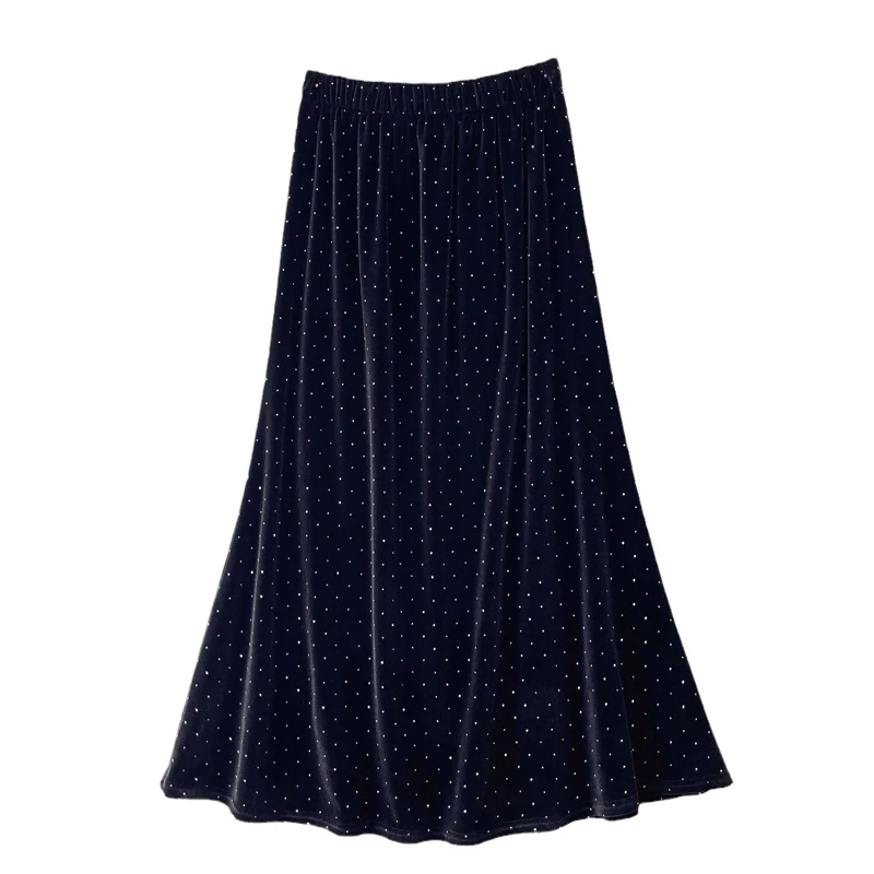 

Autumn Winter Vintage Velvet Polka Dot A-Line Skirt Women 2023 Fashion Pearl Beading Skirt Female Elastic High Waist Party Skirt
