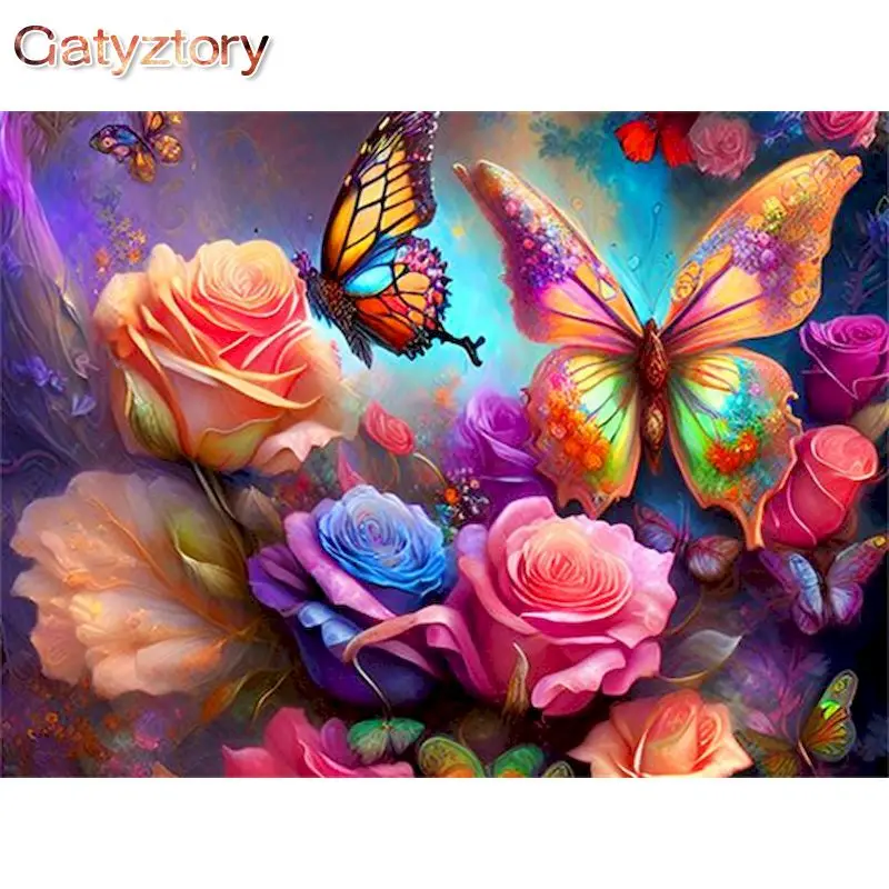 GATYZTORY 60x75cm Frame DIY Painting By Number Kits Wall Art Picture By Numbers Flower Butterfly Acrylic Paint Home Decors