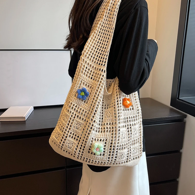 Women Crochet Tote Handbag Hollow Out Crochet Grocery Bag Solid Color Travel Shopping Totes Ladies Daily Shoulder Bag