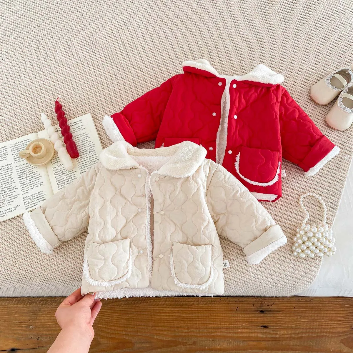 Ins Baby fleece-lined Winter Baby Clothes for Boys and Girls Rhomboid liahmian Cardigan Lapel Korean-style Newborn Warm Cotton-p