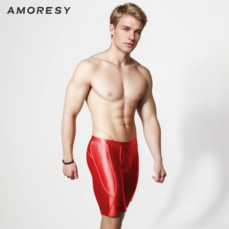 AMORESY Men's Sexy Smooth Shiny Medium Waist Sportswear Elastic Tights Silk Pants Running Sports Breathable Fitness Beach Shorts 5