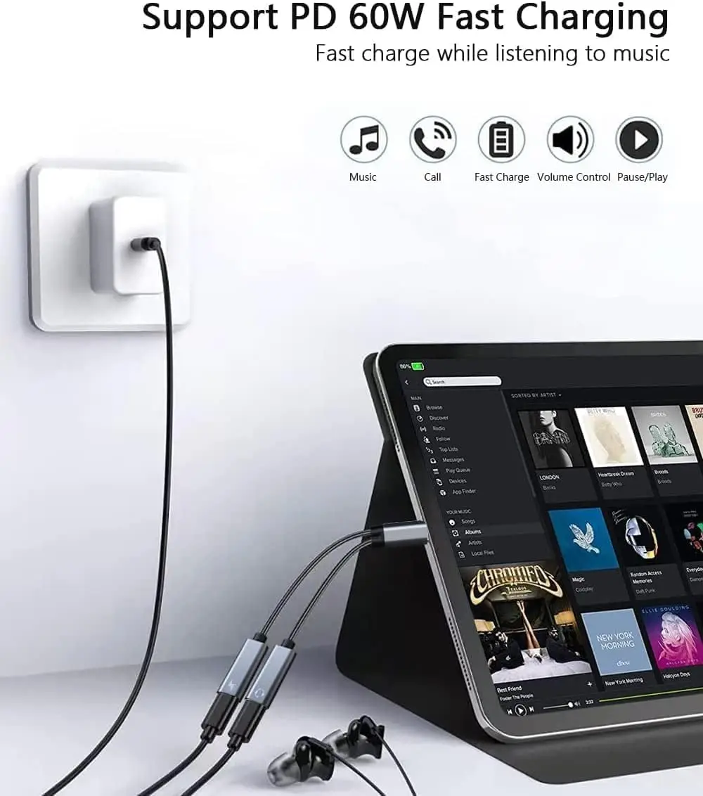 2 in 1 USB C OTG 스플리터 듀얼 타입-C 포트 헤드폰 잭 오디오 어댑터 및 PD 60W 고속 충전기 삼성 화웨이 아이폰17용