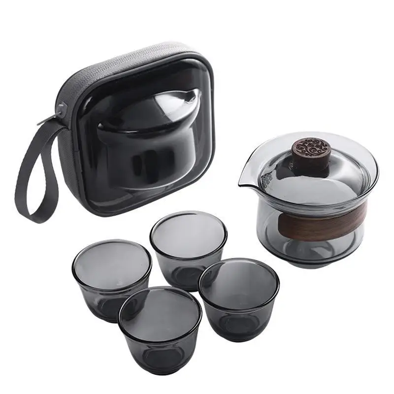 High Boron Silicon Glass Gaiwan Cup Cover, Wooden Heat Insulation Chinese Tea Bowl, Tureen Travel Teaware Set, 230ml