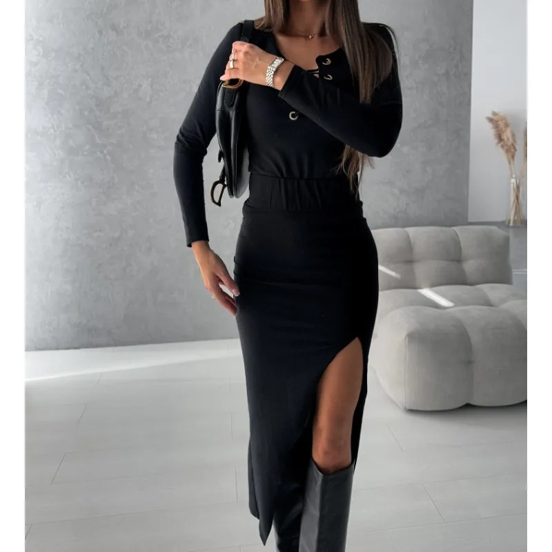 

Women's Long Sleeved Split Fashion Dress Temperament Commuting Autumn & Winter New Solid Female Lace Up Slim Elegant Dresses