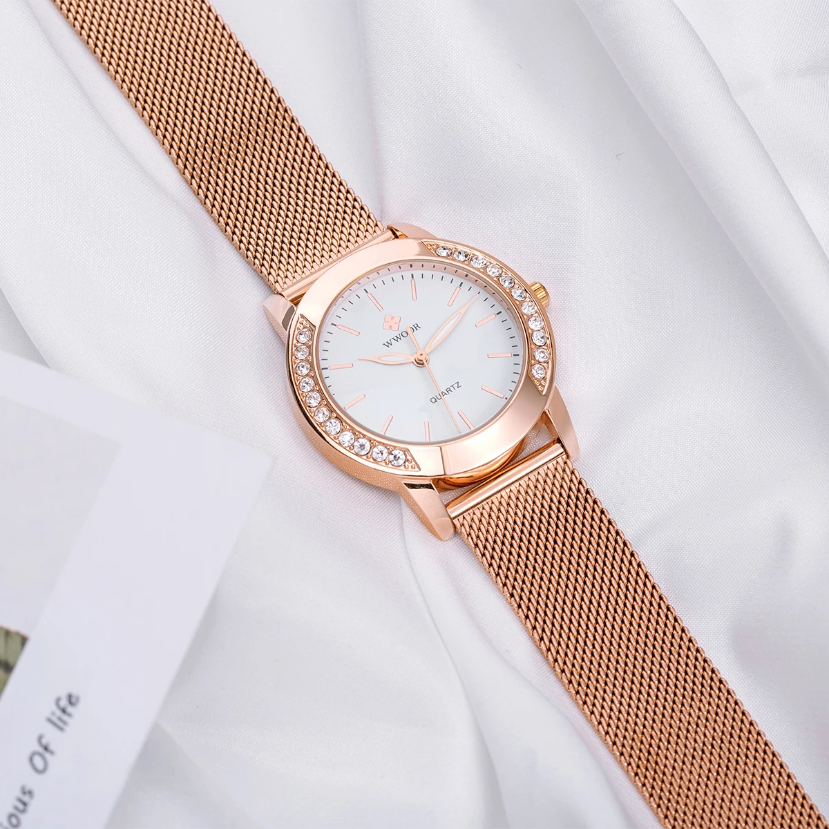 WWOOR Simple Women's Watch Japanese Movement Diamond Elegant Waterproof Rose Gold Stainless Steel Mesh Ladies Quartz Wristwatch