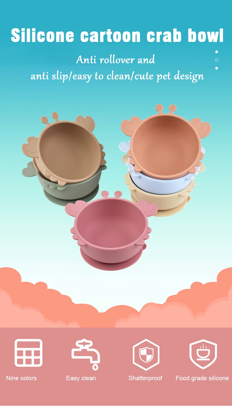 Description Picture 2 of itemChildren Dining Plate Cartoon Crab Suction Cup Anti Slip Food Grade Silicone Baby Self Feeding Training Complementary Food Bowl