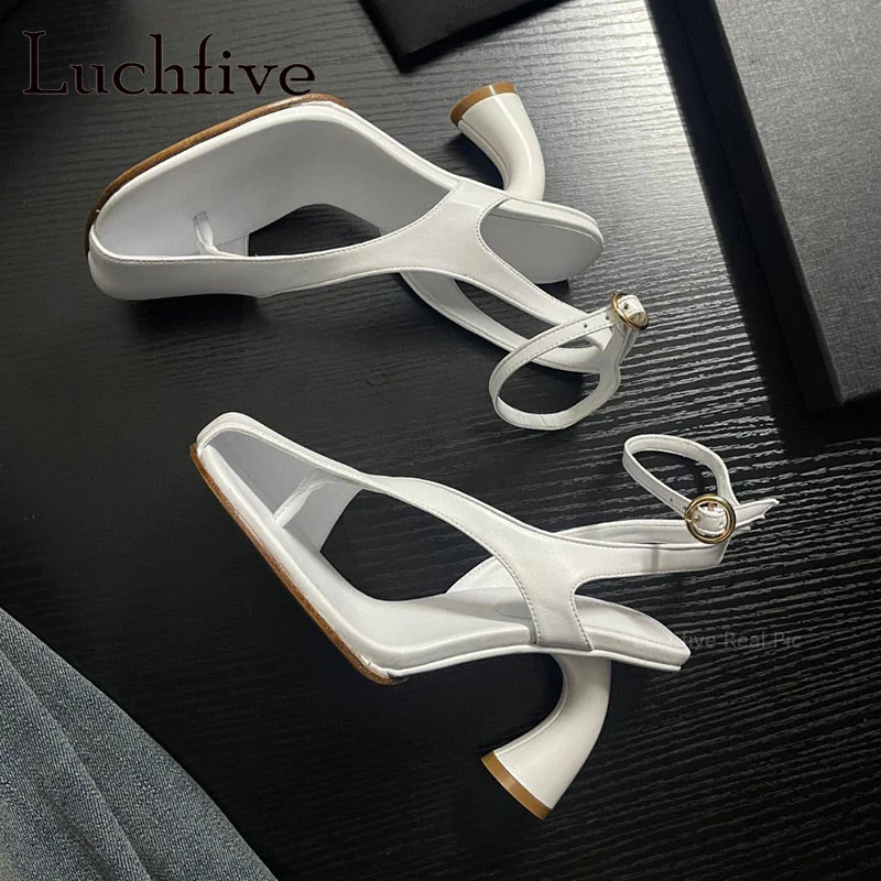 2024 Summer New Genuine Leather Strange Heels Shoes for Women Square Buckle Strap Pumps Brand Sexy Party Shoes Mujer