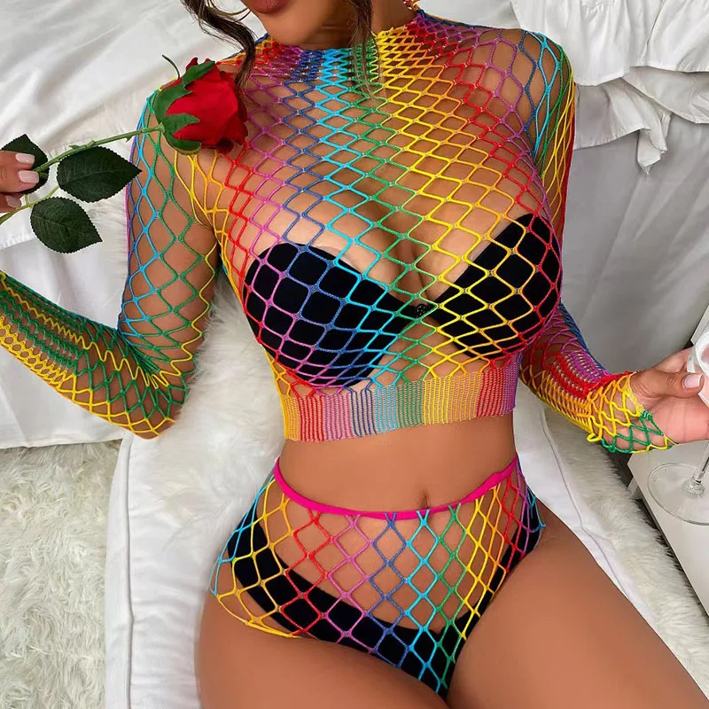 

Rainbow Sexy Lingerie Set Fishnet Transparent Lingerie for Women Long Sleeve Bra Panty Set Female Party Erotic Mesh Underwear