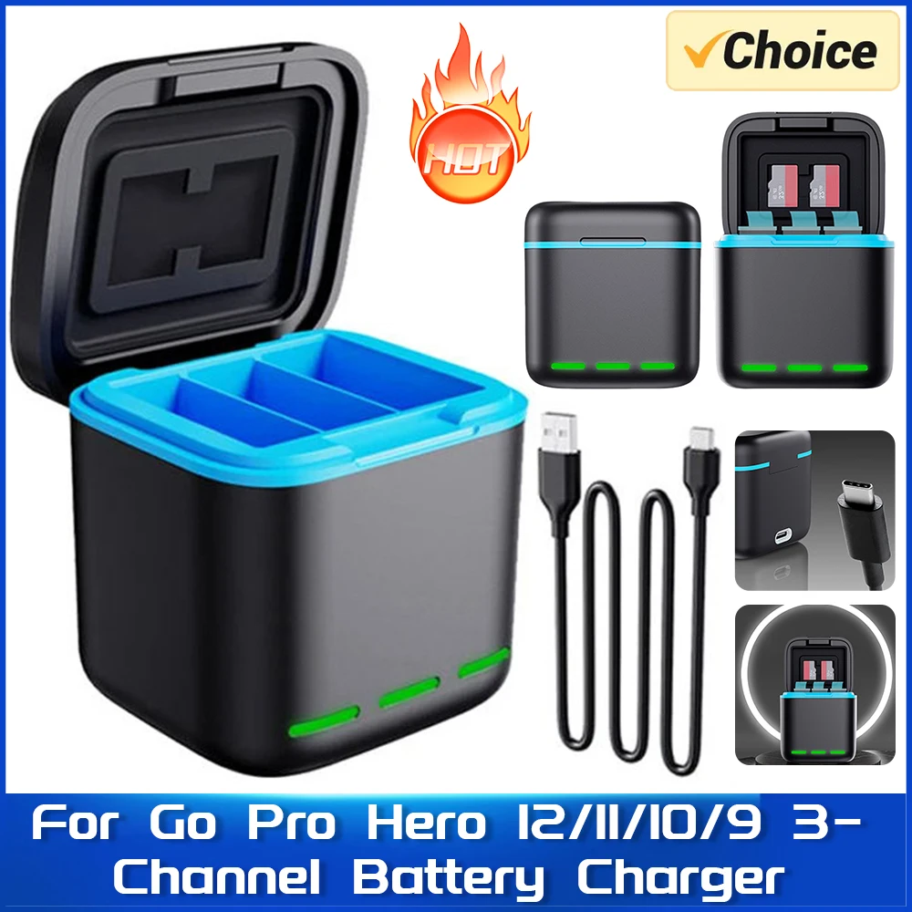 Go Pro Hero 12 11 10/9 용 카메라 액세서리, 3 채널 배터리 충전기 충..