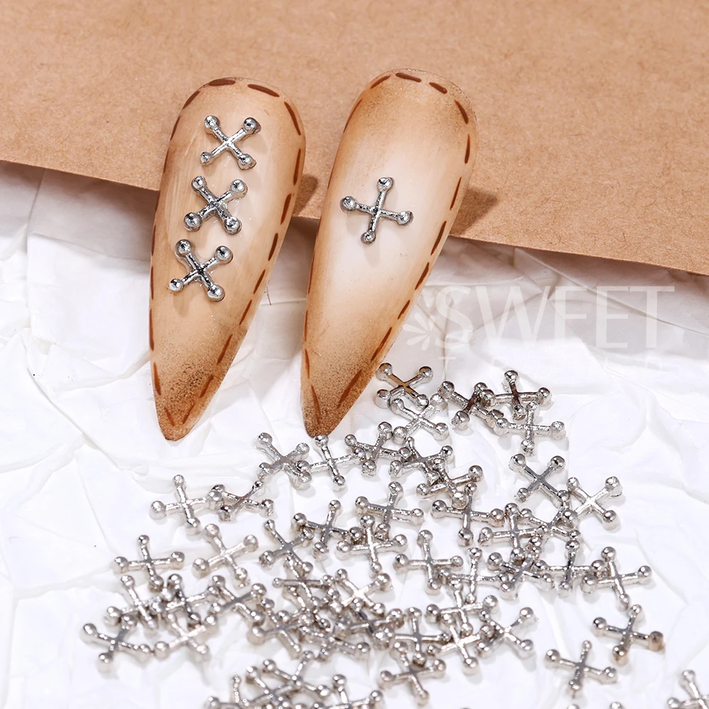 20/100pcs Mixed 3D Punk Nails Art Charms Silver Metal Parts Alloy Retro Cross Circle Nail Art Decoration Manicure Accessoire