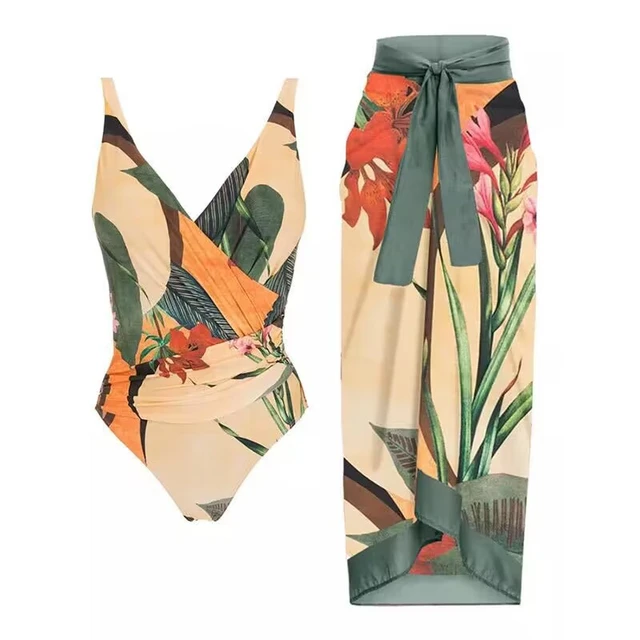 Green One-Shoulder Flora Print Bikini Sets Swimsuit & Skirt Women