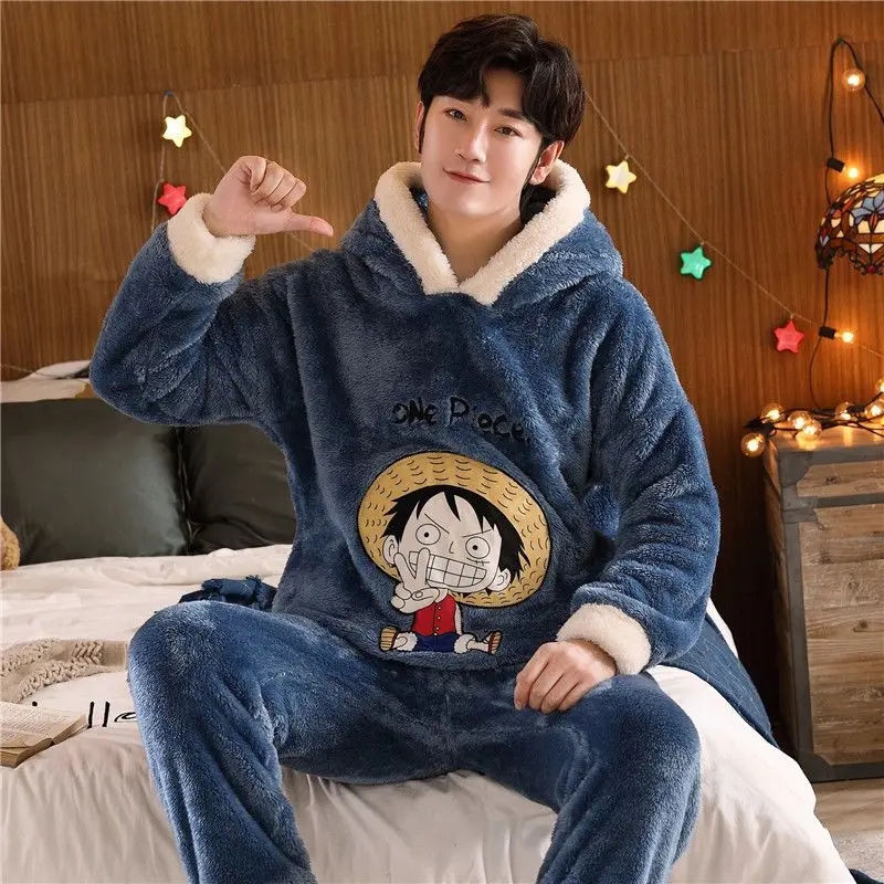애니메이션 원피스 루피 잠옷, 홈 의류, 가을 잠옷, 긴 소매 만화 남성 산호 플리스 잠옷, 크리스마스 선물, 2 개