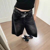 Retro Straight Leg Jeans High Waist Zipper Closure High Waist Five-Quarter Length Black Women's Summer Shorts Casual Denim