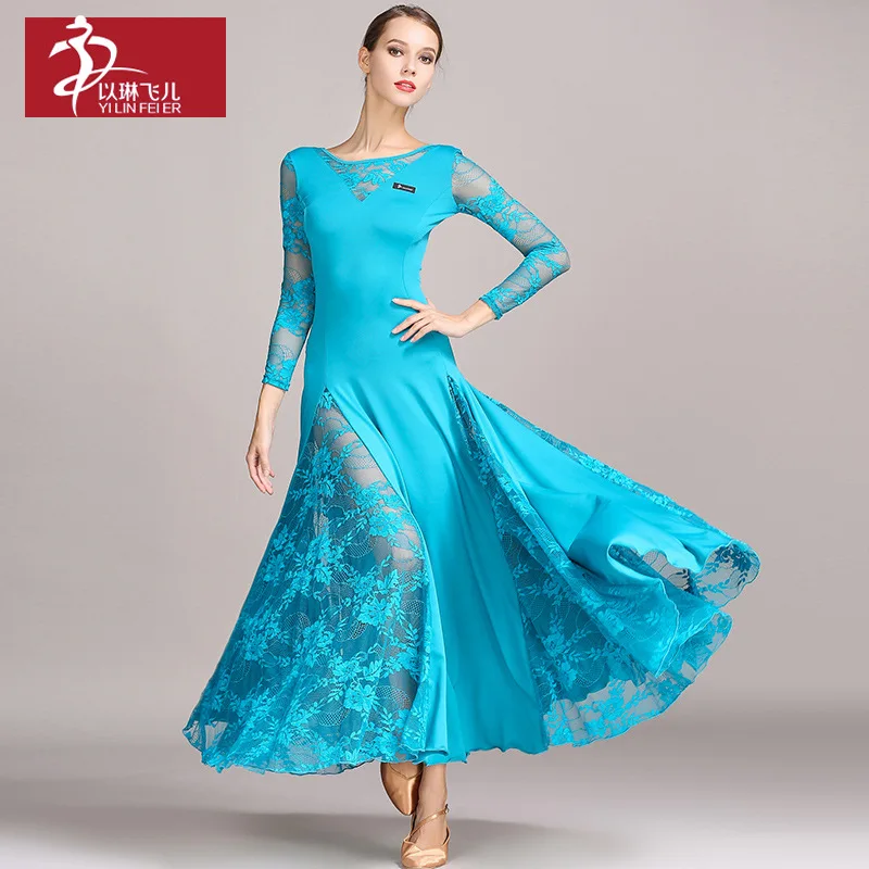 1pcs/lot lace ballroom dance dress woman long sleeves waltz tango dance dresses standard ballroom dress