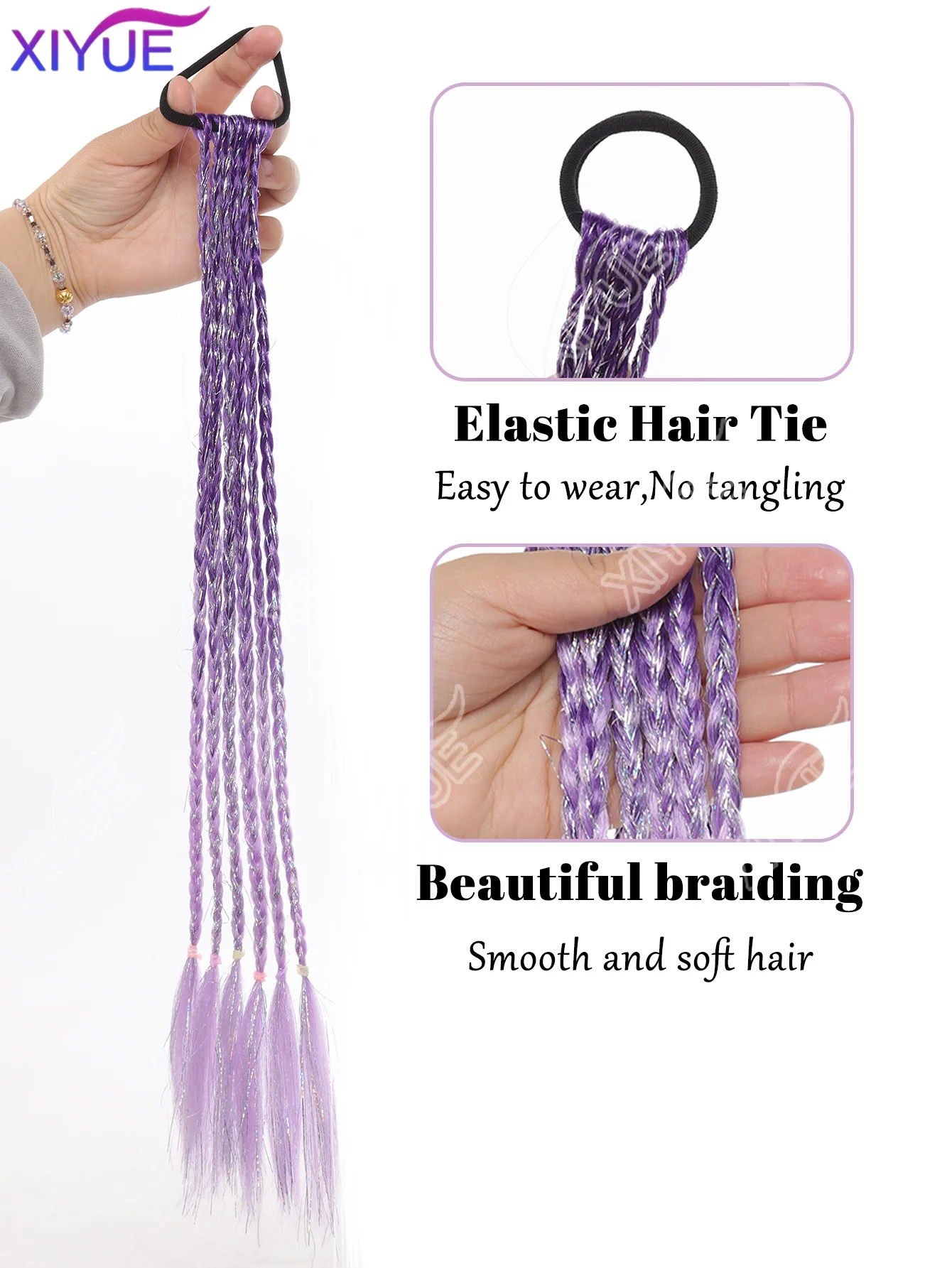 XIYUE 걸스 합성 퍼플 옴브레 브레이드 헤어 익스텐션 고무 밴드, 다크&라이트 퍼플 골든 실버 라인 그라데이션 포니테일