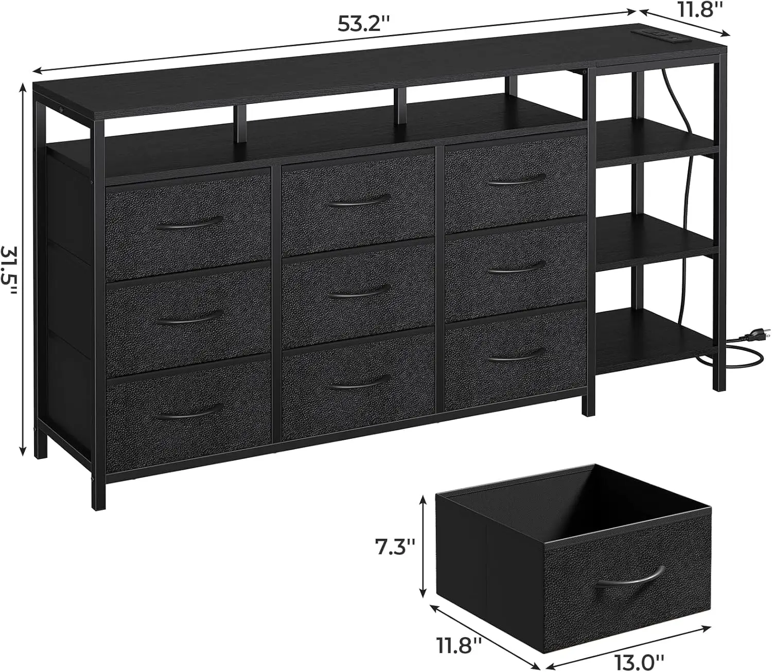 TV Stand for 60 Inches TV,Dresser with Charging Station & LED Lights, 9 PU & Fabric Drawers,Entertainment Center