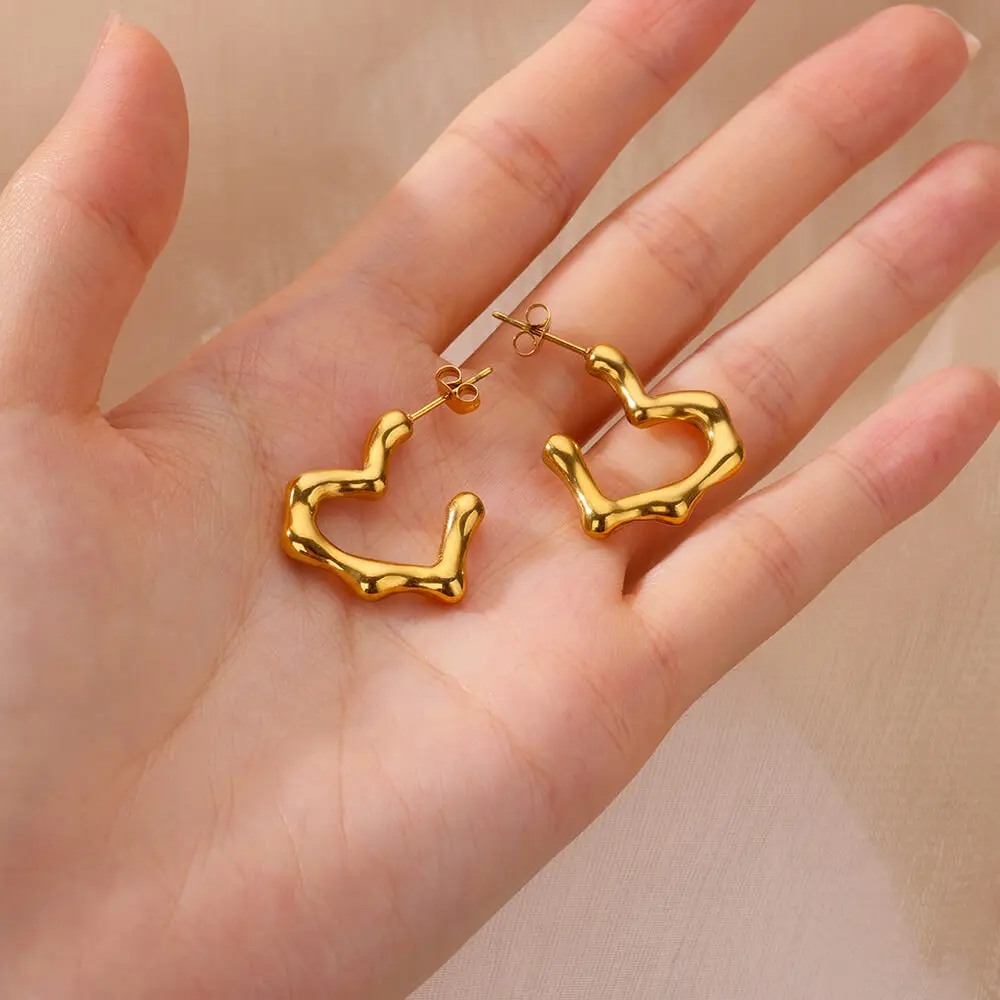 Irregular Heart Stud Earrings Gold Color Stainless Steel