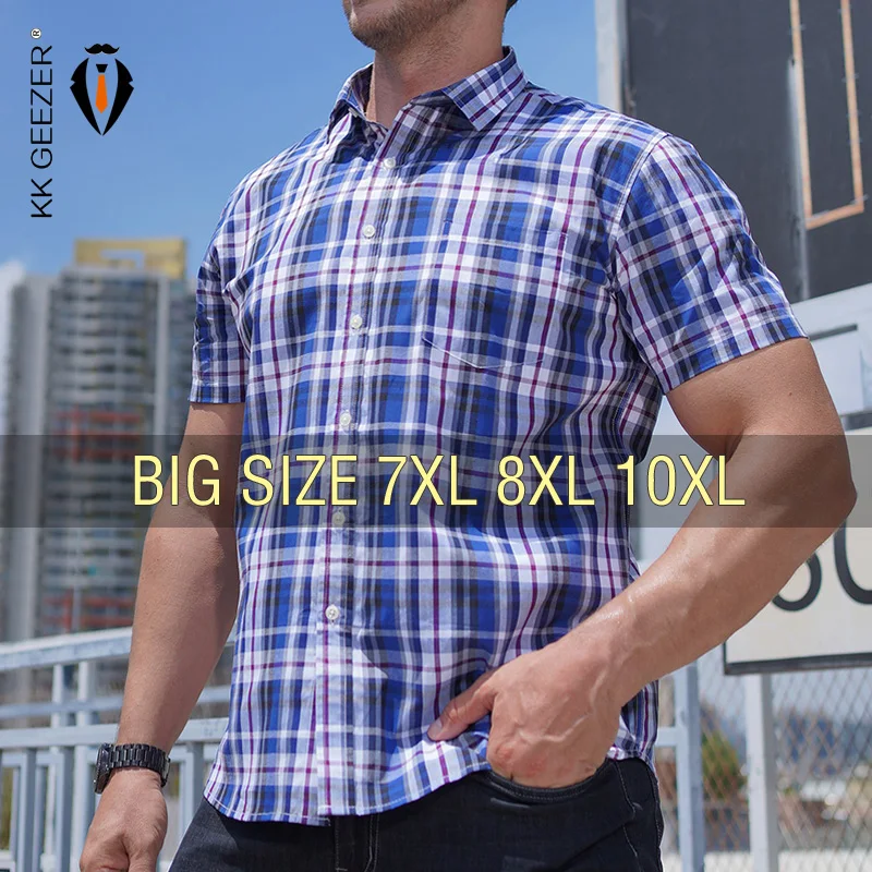 Casual Short Sleeved Shirt Short Sleeved Shirt Summer Men Plaid Cotton Short Sleeve Plus Size 6XL 7XL 8XL 10XL