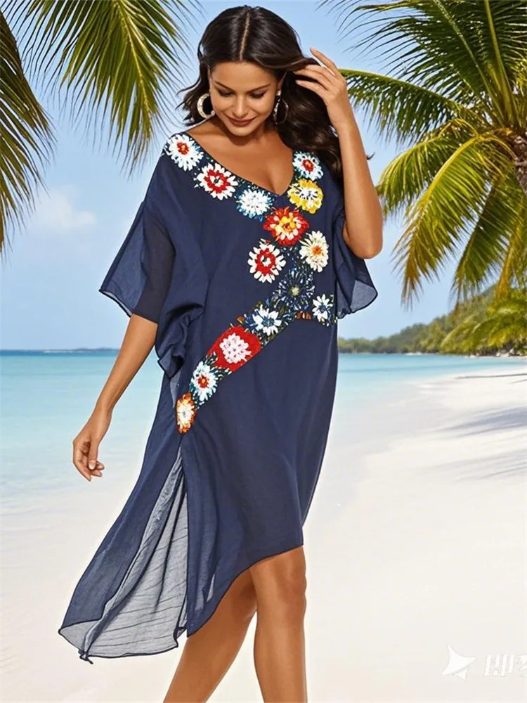 Women Beach Dress Tunic Cover Up Knitted White Outfits Beachwear Ups Pareo Bikini Coverup Dresses for Cover-Ups Summer Cape 2025