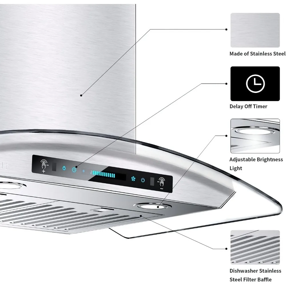 Wall Mount Range Hood Tempered Glass 900 CFM, Kitchen Chimney Vent Stainless Steel with Gesture Sensing