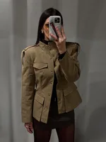 Blazer Manteau Femme Coupe Ajustée Col Montant Épaulettes Poches à Rabat Boutonnage Simple Printemps 2026 6
