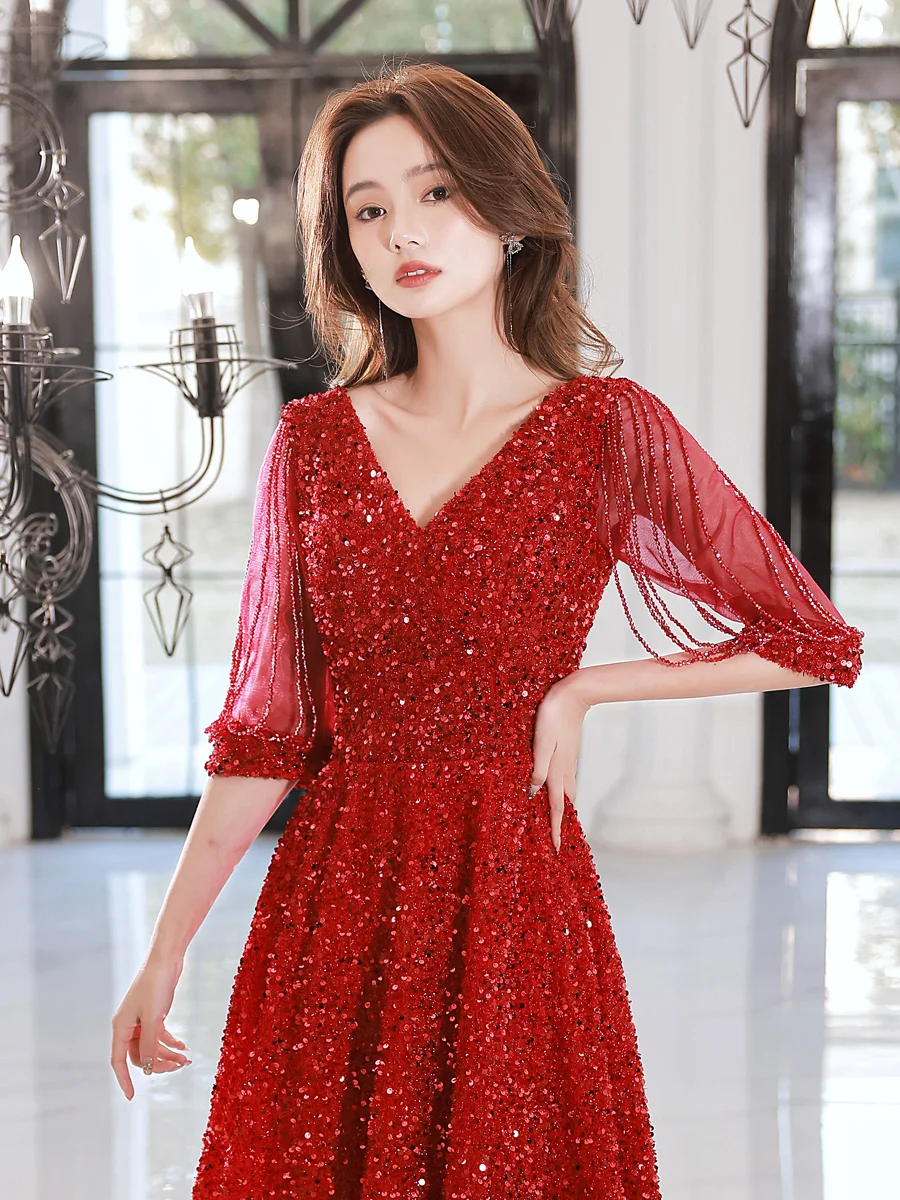 Long Formal Engagement Dress Women Banquet Party Gown French Style Square  Collar Red Beadings Sequins Princess Evening Dresses - AliExpress