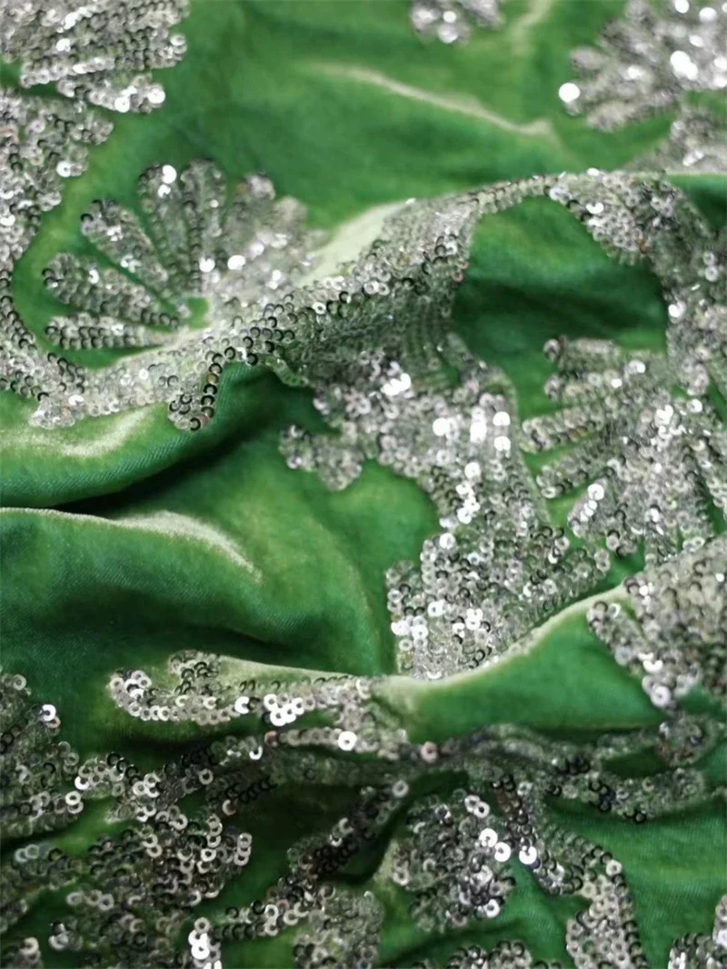 135 Width Green Pine Leaf Real Silk Velvet Heavy-duty Nail Bead Embroidery Hanfu Dress Mulberry Silk Fabric Clothing Material