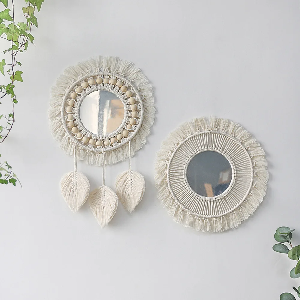

Bohemian Woven Leaf Feather Handmade Tapestry Mirror, Living Room, Bedroom, Wall Hanging, Porch Decoration Mirror