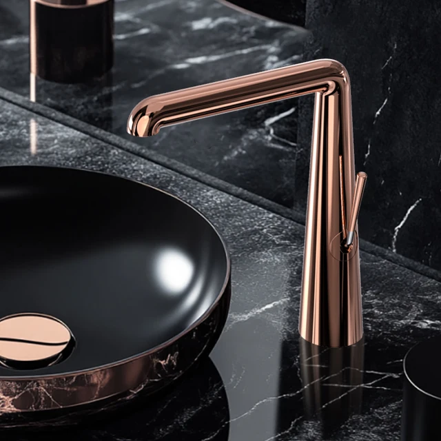 ก๊อกน้ำห้องน้ำหรูหราทันสมัยสีโรสโกลด์แบบรูเดียวพร้อมวาล์วเซรามิก โครงสร้างทองเหลืองแท้ น้ำร้อนและน้ำเย็น 3