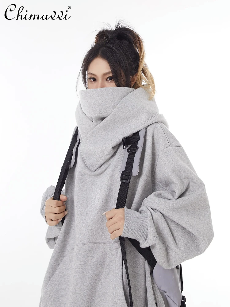 Fashion Commuter All-Match Retro Women's Hoodie Autumn and Winter Fleece-Lined Thick Solid Color Loose Hooded Sweatshirts