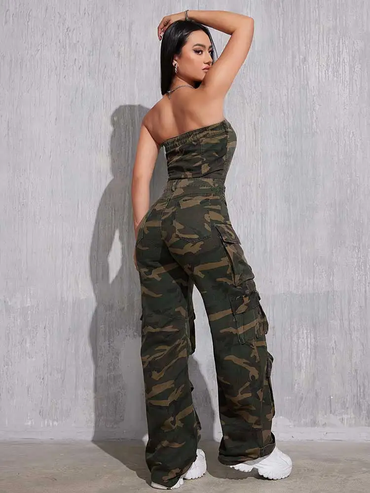 REDDACHiC Camouflage Button Front Denim Tube Jumpsuit
