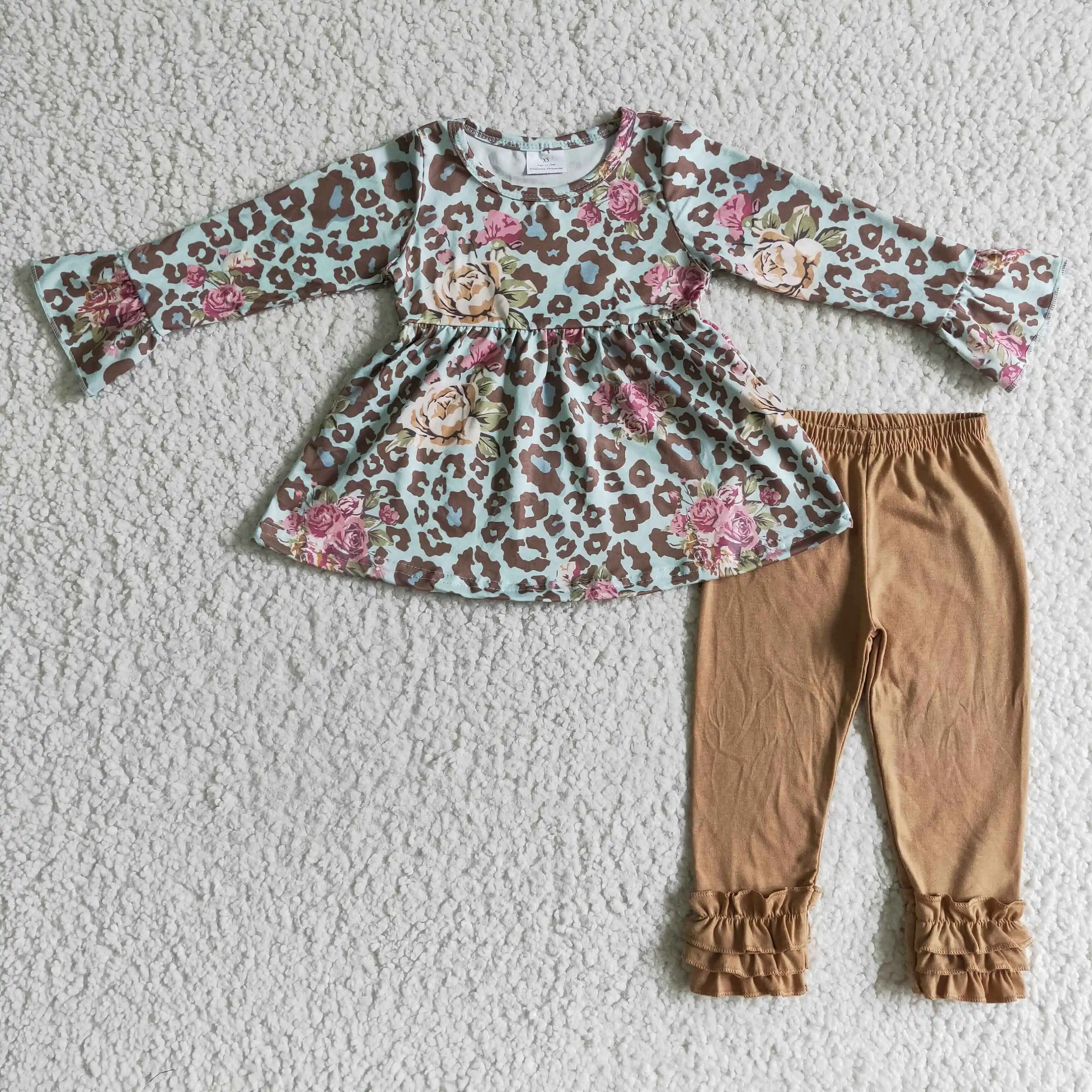 

6 A6-28 fall girl long sleeve flowers and leopard print top fade brown icing ruffle pants