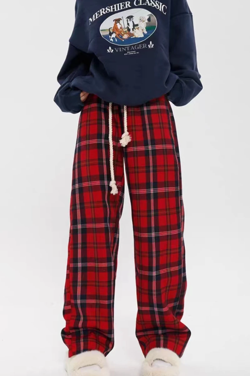 

Рождественские Слаксы в красную клетку с высокой талией на шнуровке, женские осенне-зимние новые американские ретро драпированные прямые брюки с широкими штанинами для мужчин