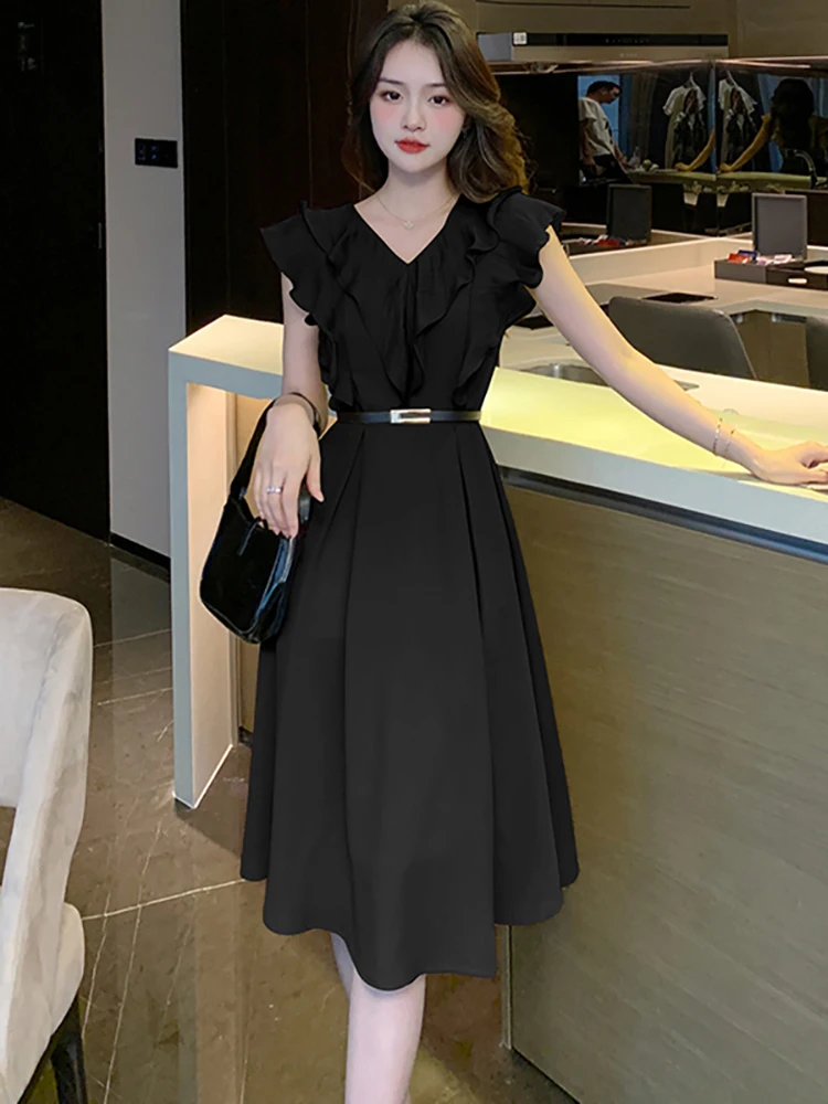 Black Sleeveless Chic Ruffled Party Evening Dress Women