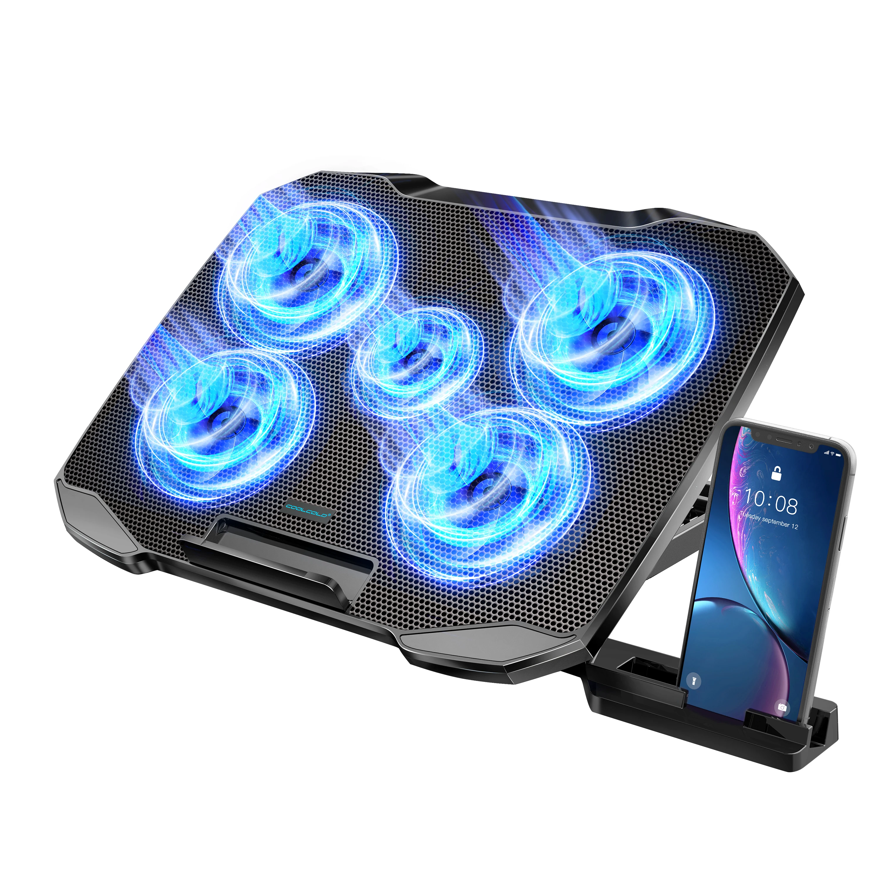 COOLCOOLD Laptop Cooling pad for 12-17 Inch Laptop Cooler Stand, 5 quiet fans, 5 Angle Adjustable with phone holder 1