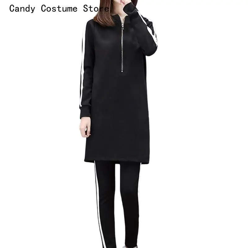 Women Set Hoodies Slim Black Stripe Side Casual Two Piece Set Women Zipper Long Hooded Sweatshirt + Pant 3xl