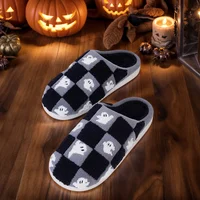 Ghost Checkered Plush Slippers Halloween Warm Flat Shoes Comfortable Thermal Closed Toe Slippers Non-Slip Soft Fluffy Shoes
