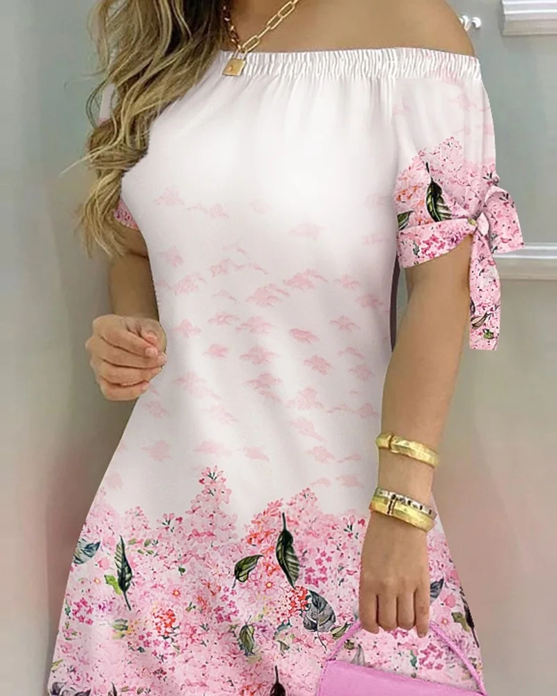 Vestido Estampado Sexy A La Moda Para Mujer, Vestido Acampanado De Manga Corta Con Hombros Descubiertos, Minivestidos Con Hombros Descubiertos Para Mujer - details 6