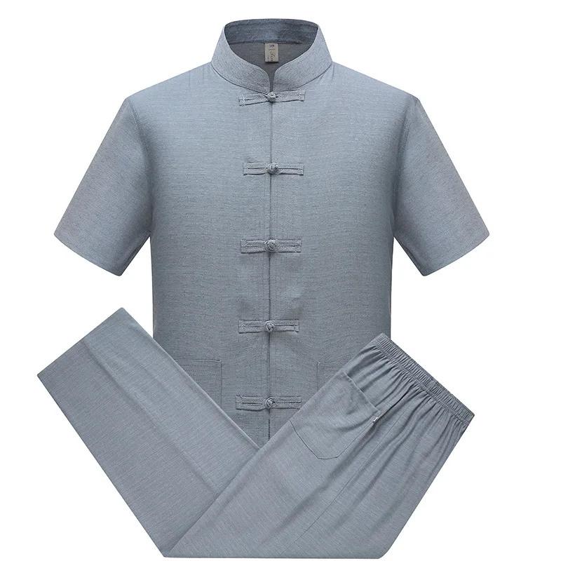 Traditional Tang Clothing Vintage Button Down Top Short Sleeve Jacket Men Cotton Kung Fu Garment suit Male Solid Costume tai chi clothing