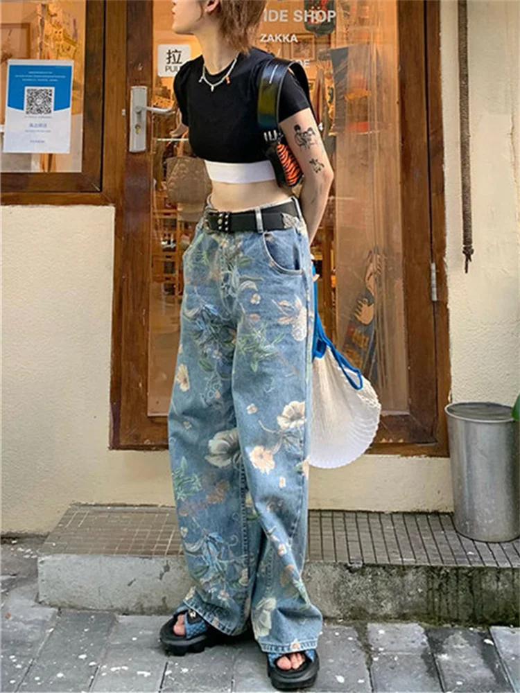 

QWEEK Korean Fashion Flower Print Jeans Women 90s Vintage Oversize Wide Leg Denim Pants Female Y2K Harajuku Aesthetic Pantalones