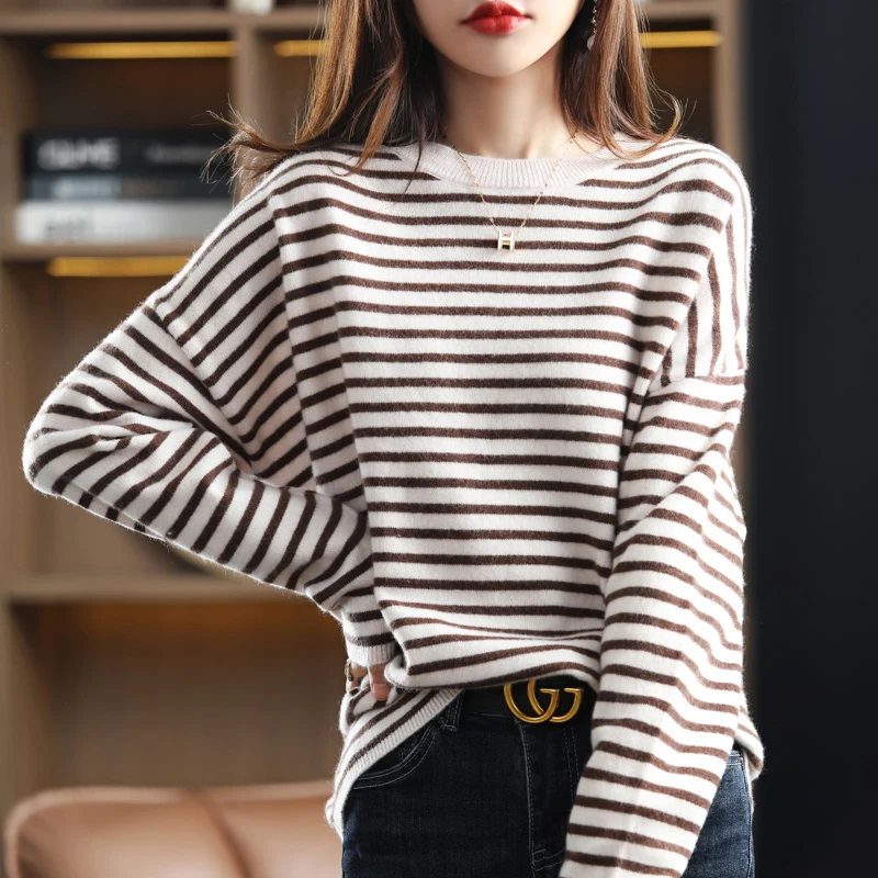 

Autumn Striped Knitted Loose Large Size Sweater 100% Wool Women Pullover Tops Long Sleeve O-Neck Casual Streetwear Female Spring