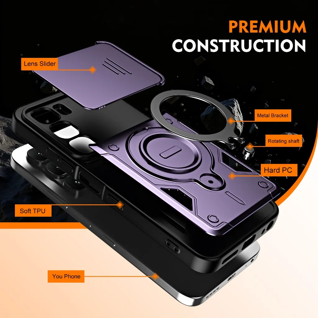 Enhanced Shockproof Phone Case with Slide Camera Cover and 360° Rotatable Ring Holder Kickstand