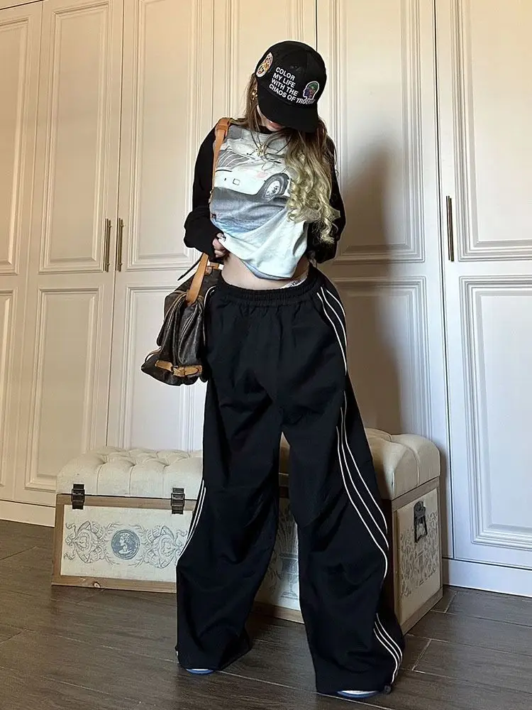 HOUZHOU Black Striped Women Sweatpants Wide Leg Casual Oversized Trousers Korean Style Fashion Sports Pants Baggy High Waist