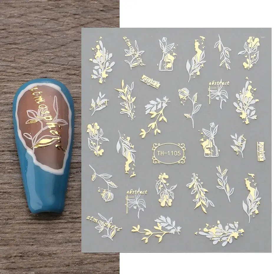 Bronzing Leaves Stickers Nail Stickers Nail Decals Nail Art Decoration for Nails Abstract Lines Painting Decals Flowers Animals Love Adhesive Sliders Decoration FBTH1105