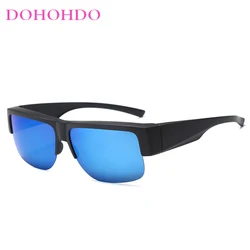 Vintage Half - Frame Polarized Sunglasses with Photochromic Black Lenses (Black Blue)