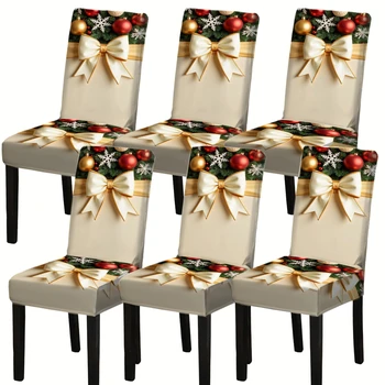 Christmas Dining Chair Cover with Gold Bow – Stretchable Seat Protector 1