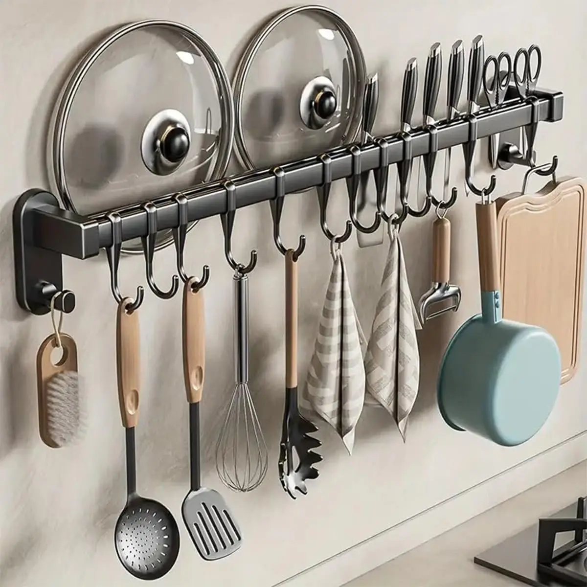 Adhesive Wall Mounted Pot Pan Rack Kitchen Wall Mounted Detachable Pan Lid Utensils Organizer Hanging Rail for Kitchen